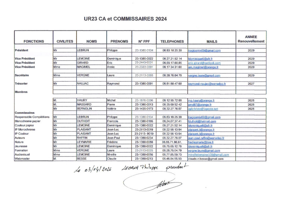 UR23 Limousin - - Conseil d'Administration et COMMISSAIRES 2026